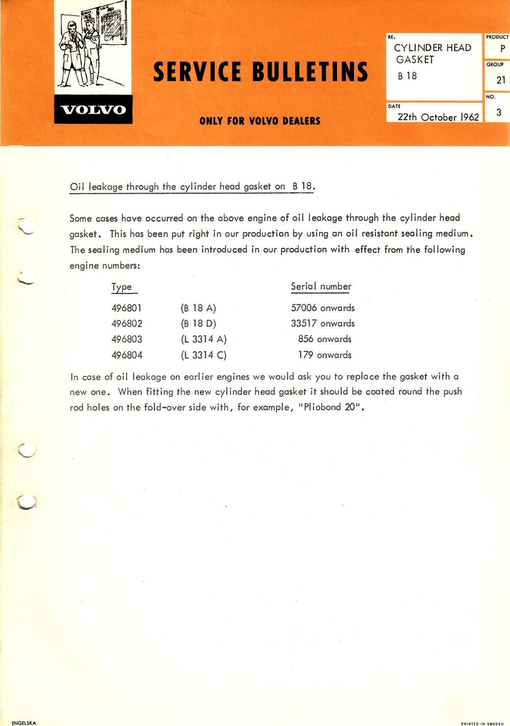 Verkstadsmeddelande/Work shop bulletins and Servicemeddelanden/Service bulletins for the following models: Volvo P1800, Volvo P1800S, Volvo P1800E, Volvo P1800ES, Volvo PV,Volvo PV 444, Volvo PV 544, Volvo Amazon, Volvo 120, Volvo 130, Volvo 220, Volvo 140 , Volvo 240, Volvo 164, Volvo 264 