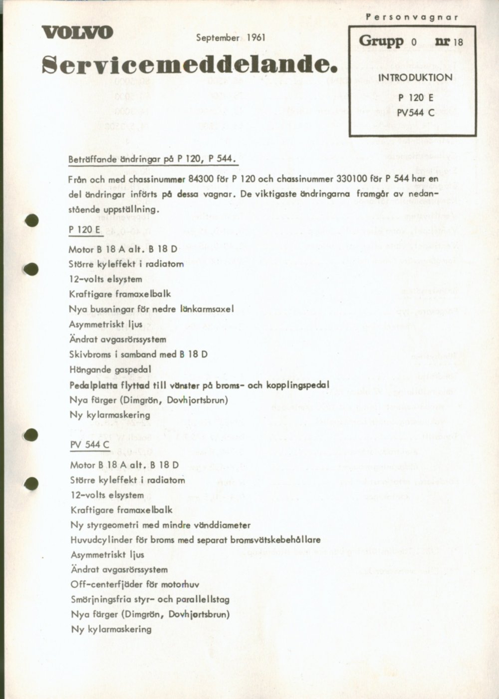 Verkstadsmeddelande/Work shop bulletins and Servicemeddelanden/Service bulletins for the following models: Volvo P1800, Volvo P1800S, Volvo P1800E, Volvo P1800ES, Volvo PV,Volvo PV 444, Volvo PV 544, Volvo Amazon, Volvo 120, Volvo 130, Volvo 220, Volvo 140 , Volvo 240, Volvo 164, Volvo 264 
