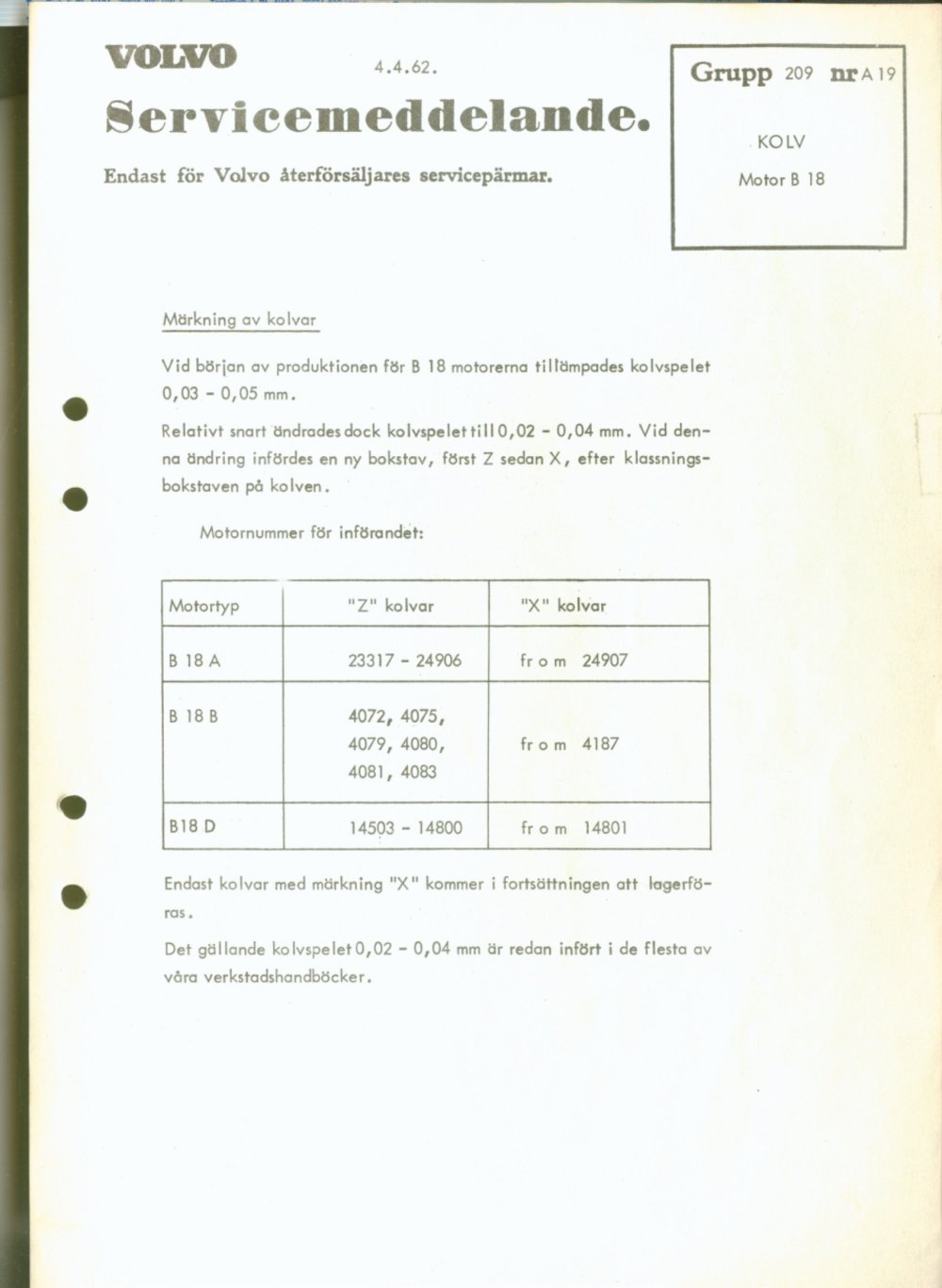 Verkstadsmeddelande/Work shop bulletins and Servicemeddelanden/Service bulletins for the following models: Volvo P1800, Volvo P1800S, Volvo P1800E, Volvo P1800ES, Volvo PV,Volvo PV 444, Volvo PV 544, Volvo Amazon, Volvo 120, Volvo 130, Volvo 220, Volvo 140 , Volvo 240, Volvo 164, Volvo 264 