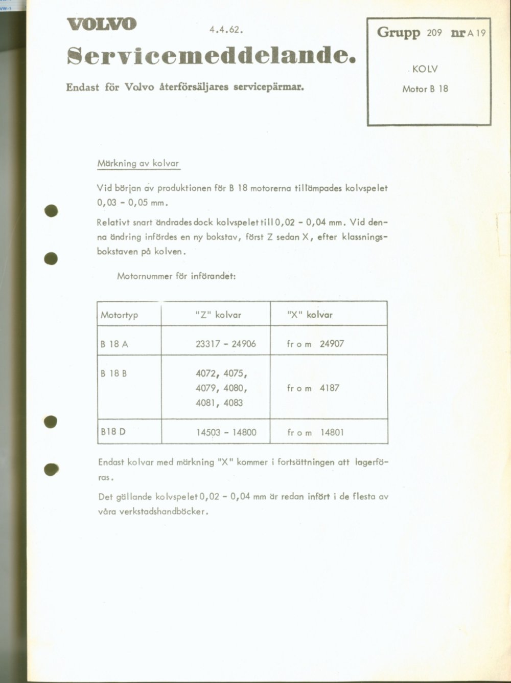 Verkstadsmeddelande/Work shop bulletins and Servicemeddelanden/Service bulletins for the following models: Volvo P1800, Volvo P1800S, Volvo P1800E, Volvo P1800ES, Volvo PV,Volvo PV 444, Volvo PV 544, Volvo Amazon, Volvo 120, Volvo 130, Volvo 220, Volvo 140 , Volvo 240, Volvo 164, Volvo 264 