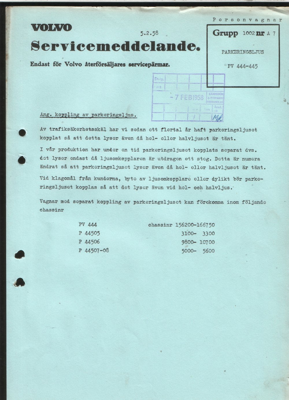 Verkstadsmeddelande/Work shop bulletins and Servicemeddelanden/Service bulletins for the following models: Volvo P1800, Volvo P1800S, Volvo P1800E, Volvo P1800ES, Volvo PV,Volvo PV 444, Volvo PV 544, Volvo Amazon, Volvo 120, Volvo 130, Volvo 220, Volvo 140 , Volvo 240, Volvo 164, Volvo 264 