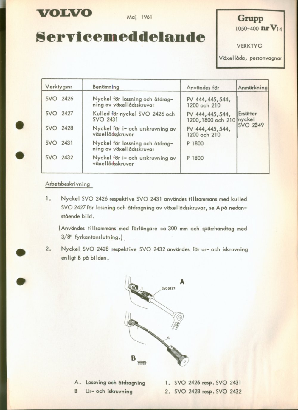 Verkstadsmeddelande/Work shop bulletins and Servicemeddelanden/Service bulletins for the following models: Volvo P1800, Volvo P1800S, Volvo P1800E, Volvo P1800ES, Volvo PV,Volvo PV 444, Volvo PV 544, Volvo Amazon, Volvo 120, Volvo 130, Volvo 220, Volvo 140 , Volvo 240, Volvo 164, Volvo 264 
