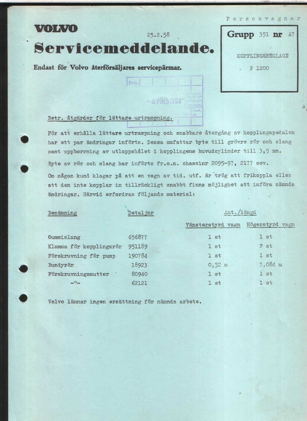 Verkstadsmeddelande/Work shop bulletins and Servicemeddelanden/Service bulletins for the following models: Volvo P1800, Volvo P1800S, Volvo P1800E, Volvo P1800ES, Volvo PV,Volvo PV 444, Volvo PV 544, Volvo Amazon, Volvo 120, Volvo 130, Volvo 220, Volvo 140 , Volvo 240, Volvo 164, Volvo 264 