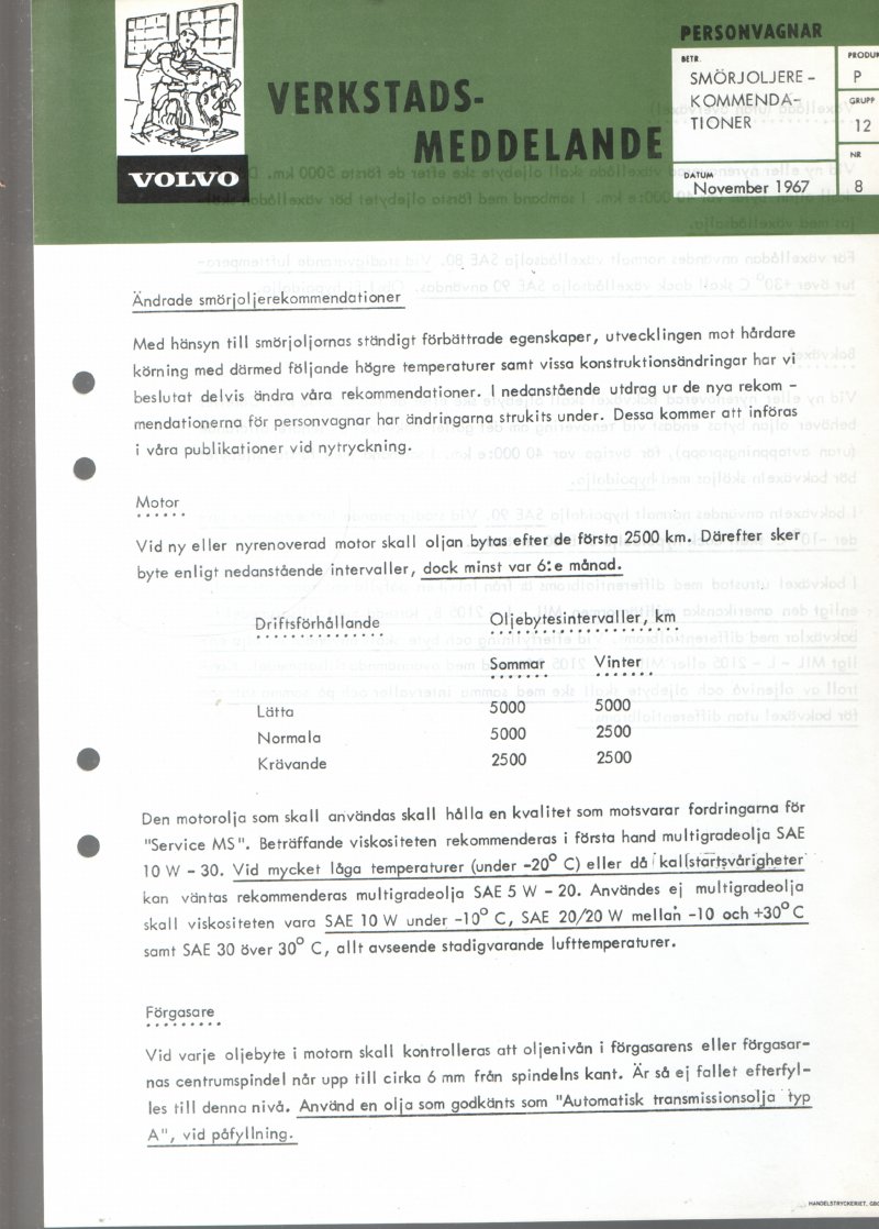 Verkstadsmeddelande/Work shop bulletins and Servicemeddelanden/Service bulletins for the following models: Volvo P1800, Volvo P1800S, Volvo P1800E, Volvo P1800ES, Volvo PV,Volvo PV 444, Volvo PV 544, Volvo Amazon, Volvo 120, Volvo 130, Volvo 220, Volvo 140 , Volvo 240, Volvo 164, Volvo 264 