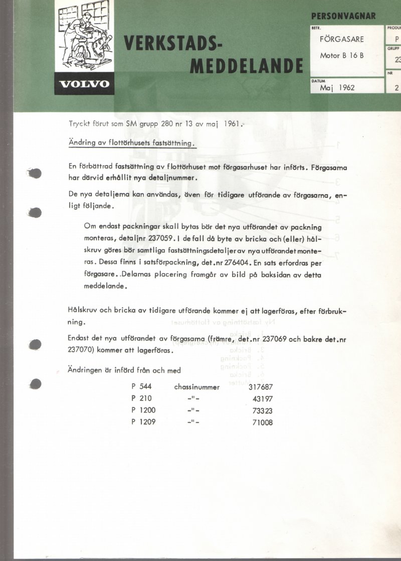 Verkstadsmeddelande/Work shop bulletins and Servicemeddelanden/Service bulletins for the following models: Volvo P1800, Volvo P1800S, Volvo P1800E, Volvo P1800ES, Volvo PV,Volvo PV 444, Volvo PV 544, Volvo Amazon, Volvo 120, Volvo 130, Volvo 220, Volvo 140 , Volvo 240, Volvo 164, Volvo 264