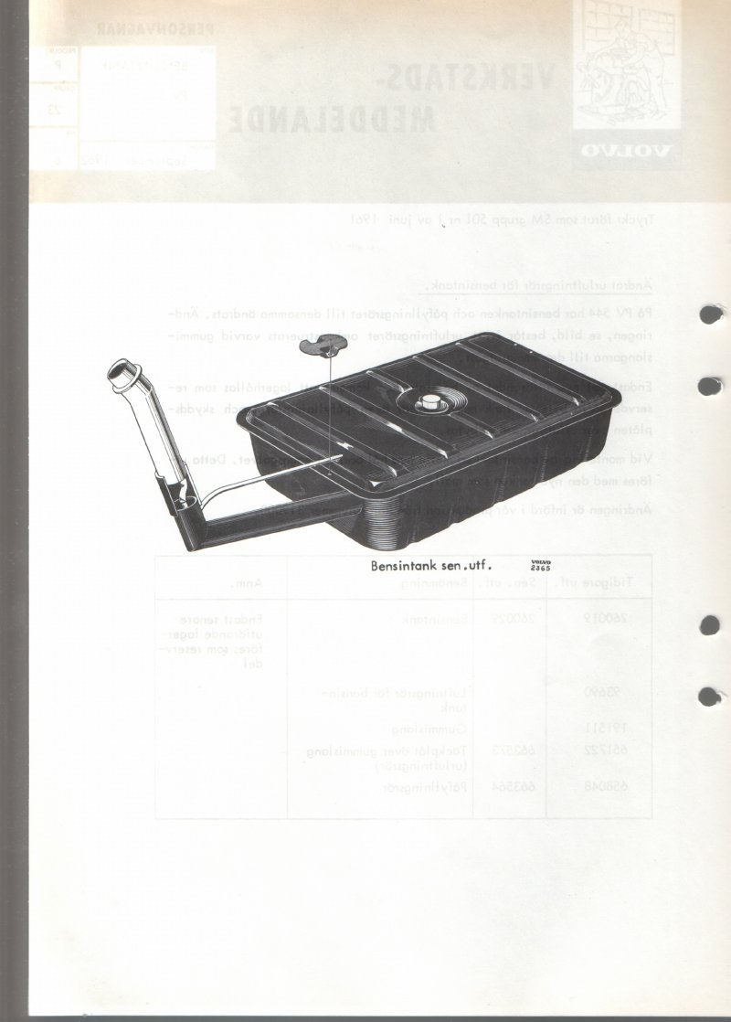 Verkstadsmeddelande/Work shop bulletins and Servicemeddelanden/Service bulletins for the following models: Volvo P1800, Volvo P1800S, Volvo P1800E, Volvo P1800ES, Volvo PV,Volvo PV 444, Volvo PV 544, Volvo Amazon, Volvo 120, Volvo 130, Volvo 220, Volvo 140 , Volvo 240, Volvo 164, Volvo 264
