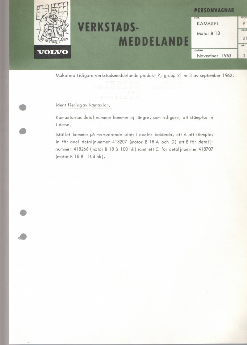 Verkstadsmeddelande/Work shop bulletins and Servicemeddelanden/Service bulletins for the following models: Volvo P1800, Volvo P1800S, Volvo P1800E, Volvo P1800ES, Volvo PV,Volvo PV 444, Volvo PV 544, Volvo Amazon, Volvo 120, Volvo 130, Volvo 220, Volvo 140 , Volvo 240, Volvo 164, Volvo 264