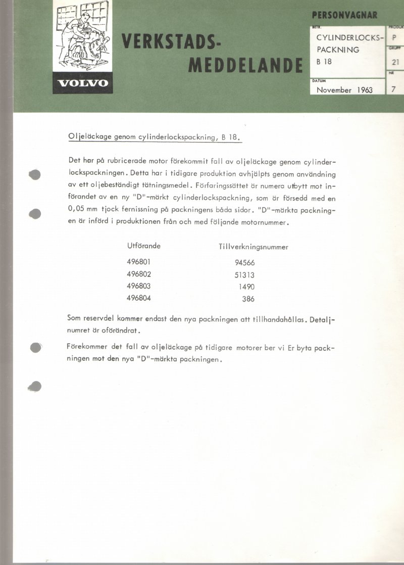 Verkstadsmeddelande/Work shop bulletins and Servicemeddelanden/Service bulletins for the following models: Volvo P1800, Volvo P1800S, Volvo P1800E, Volvo P1800ES, Volvo PV,Volvo PV 444, Volvo PV 544, Volvo Amazon, Volvo 120, Volvo 130, Volvo 220, Volvo 140 , Volvo 240, Volvo 164, Volvo 264