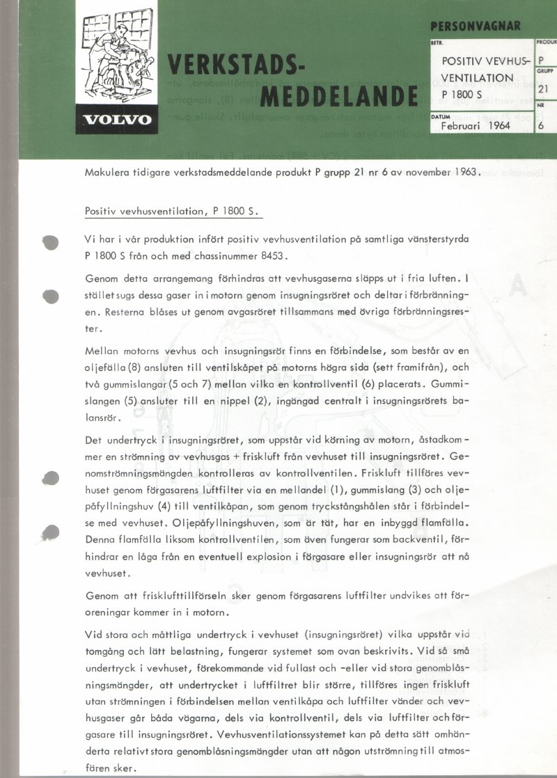 Verkstadsmeddelande/Work shop bulletins and Servicemeddelanden/Service bulletins for the following models: Volvo P1800, Volvo P1800S, Volvo P1800E, Volvo P1800ES, Volvo PV,Volvo PV 444, Volvo PV 544, Volvo Amazon, Volvo 120, Volvo 130, Volvo 220, Volvo 140 , Volvo 240, Volvo 164, Volvo 264
