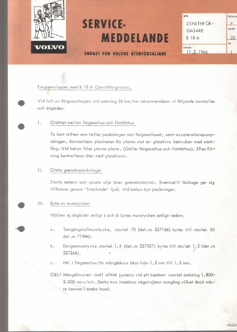Verkstadsmeddelande/Work shop bulletins and Servicemeddelanden/Service bulletins for the following models: Volvo P1800, Volvo P1800S, Volvo P1800E, Volvo P1800ES, Volvo PV,Volvo PV 444, Volvo PV 544, Volvo Amazon, Volvo 120, Volvo 130, Volvo 220, Volvo 140 , Volvo 240, Volvo 164, Volvo 264