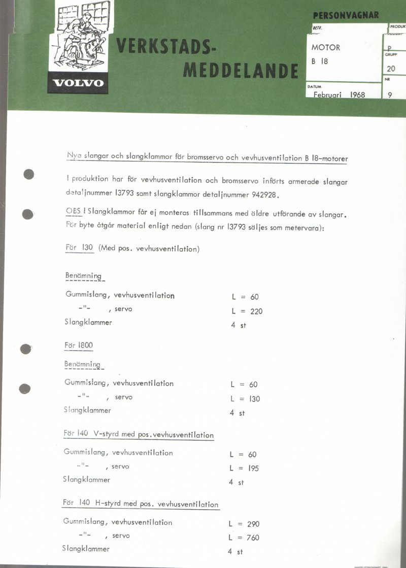 Verkstadsmeddelande/Work shop bulletins and Servicemeddelanden/Service bulletins for the following models: Volvo P1800, Volvo P1800S, Volvo P1800E, Volvo P1800ES, Volvo PV,Volvo PV 444, Volvo PV 544, Volvo Amazon, Volvo 120, Volvo 130, Volvo 220, Volvo 140 , Volvo 240, Volvo 164, Volvo 264