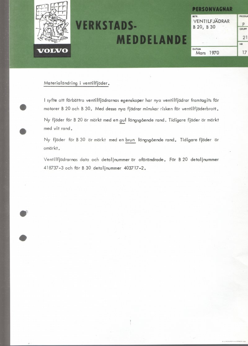 Verkstadsmeddelande/Work shop bulletins and Servicemeddelanden/Service bulletins for the following models: Volvo P1800, Volvo P1800S, Volvo P1800E, Volvo P1800ES, Volvo PV,Volvo PV 444, Volvo PV 544, Volvo Amazon, Volvo 120, Volvo 130, Volvo 220, Volvo 140 , Volvo 240, Volvo 164, Volvo 264