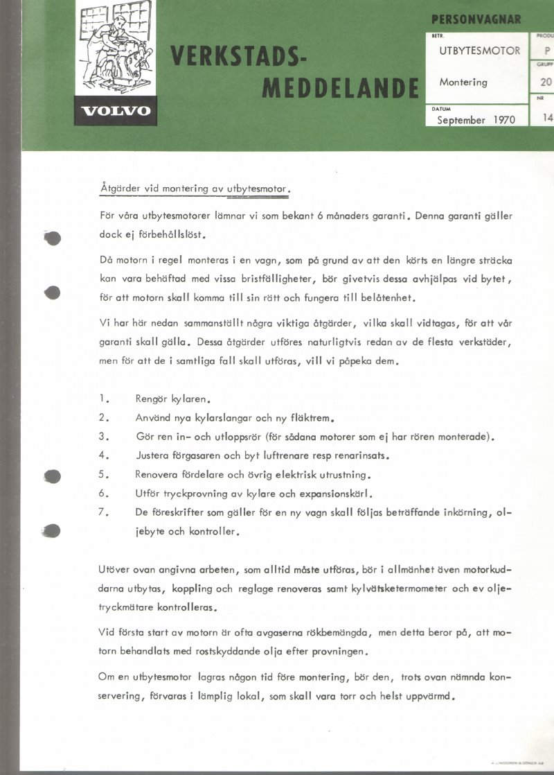 Verkstadsmeddelande/Work shop bulletins and Servicemeddelanden/Service bulletins for the following models: Volvo P1800, Volvo P1800S, Volvo P1800E, Volvo P1800ES, Volvo PV,Volvo PV 444, Volvo PV 544, Volvo Amazon, Volvo 120, Volvo 130, Volvo 220, Volvo 140 , Volvo 240, Volvo 164, Volvo 264