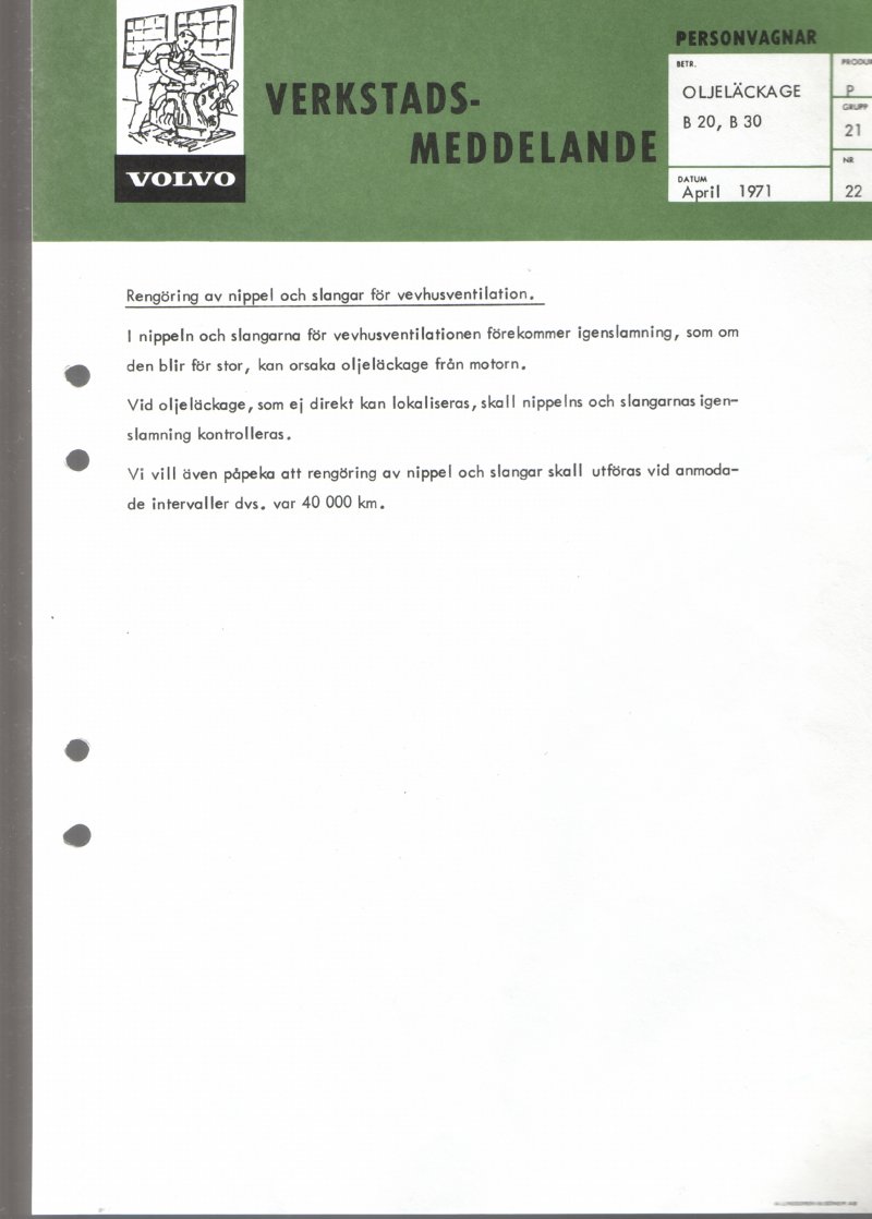 Verkstadsmeddelande/Work shop bulletins and Servicemeddelanden/Service bulletins for the following models: Volvo P1800, Volvo P1800S, Volvo P1800E, Volvo P1800ES, Volvo PV,Volvo PV 444, Volvo PV 544, Volvo Amazon, Volvo 120, Volvo 130, Volvo 220, Volvo 140 , Volvo 240, Volvo 164, Volvo 264