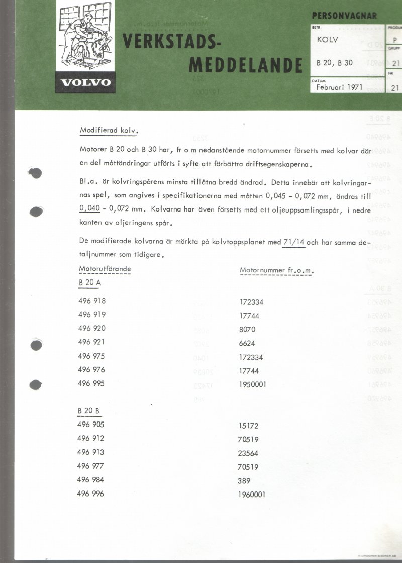 Verkstadsmeddelande/Work shop bulletins and Servicemeddelanden/Service bulletins for the following models: Volvo P1800, Volvo P1800S, Volvo P1800E, Volvo P1800ES, Volvo PV,Volvo PV 444, Volvo PV 544, Volvo Amazon, Volvo 120, Volvo 130, Volvo 220, Volvo 140 , Volvo 240, Volvo 164, Volvo 264