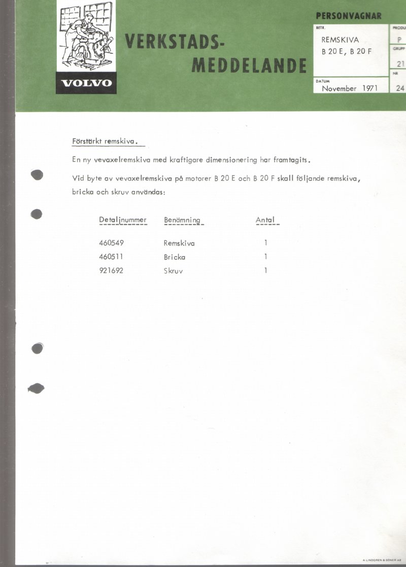 Verkstadsmeddelande/Work shop bulletins and Servicemeddelanden/Service bulletins for the following models: Volvo P1800, Volvo P1800S, Volvo P1800E, Volvo P1800ES, Volvo PV,Volvo PV 444, Volvo PV 544, Volvo Amazon, Volvo 120, Volvo 130, Volvo 220, Volvo 140 , Volvo 240, Volvo 164, Volvo 264