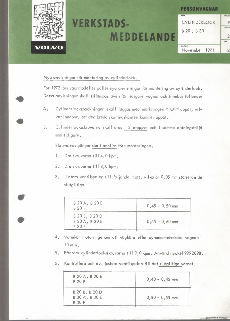 Verkstadsmeddelande/Work shop bulletins and Servicemeddelanden/Service bulletins for the following models: Volvo P1800, Volvo P1800S, Volvo P1800E, Volvo P1800ES, Volvo PV,Volvo PV 444, Volvo PV 544, Volvo Amazon, Volvo 120, Volvo 130, Volvo 220, Volvo 140 , Volvo 240, Volvo 164, Volvo 264