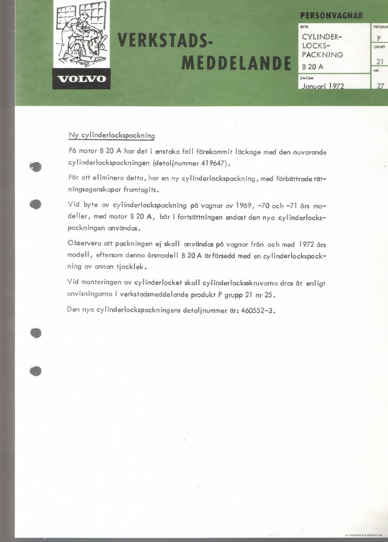 Verkstadsmeddelande/Work shop bulletins and Servicemeddelanden/Service bulletins for the following models: Volvo P1800, Volvo P1800S, Volvo P1800E, Volvo P1800ES, Volvo PV,Volvo PV 444, Volvo PV 544, Volvo Amazon, Volvo 120, Volvo 130, Volvo 220, Volvo 140 , Volvo 240, Volvo 164, Volvo 264