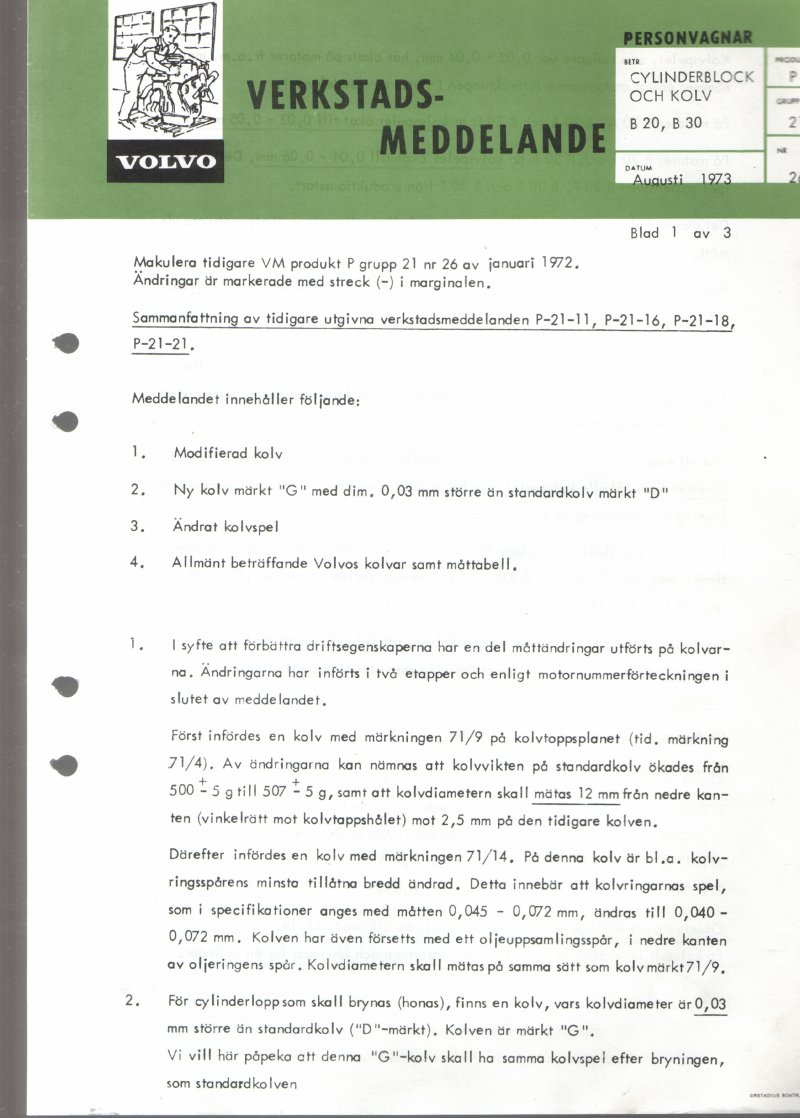 Verkstadsmeddelande/Work shop bulletins and Servicemeddelanden/Service bulletins for the following models: Volvo P1800, Volvo P1800S, Volvo P1800E, Volvo P1800ES, Volvo PV,Volvo PV 444, Volvo PV 544, Volvo Amazon, Volvo 120, Volvo 130, Volvo 220, Volvo 140 , Volvo 240, Volvo 164, Volvo 264