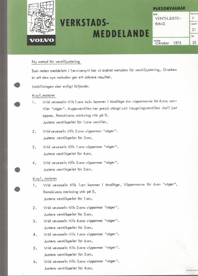 Verkstadsmeddelande/Work shop bulletins and Servicemeddelanden/Service bulletins for the following models: Volvo P1800, Volvo P1800S, Volvo P1800E, Volvo P1800ES, Volvo PV,Volvo PV 444, Volvo PV 544, Volvo Amazon, Volvo 120, Volvo 130, Volvo 220, Volvo 140 , Volvo 240, Volvo 164, Volvo 264