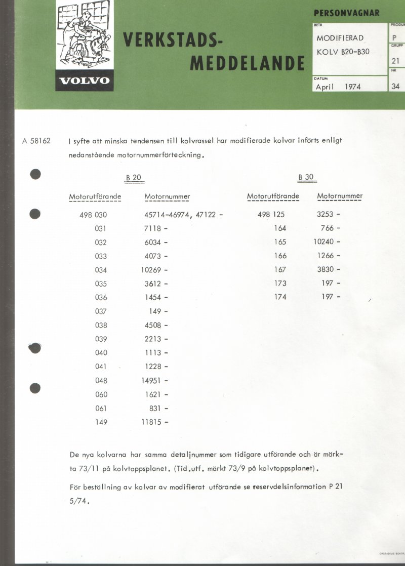 Verkstadsmeddelande/Work shop bulletins and Servicemeddelanden/Service bulletins for the following models: Volvo P1800, Volvo P1800S, Volvo P1800E, Volvo P1800ES, Volvo PV,Volvo PV 444, Volvo PV 544, Volvo Amazon, Volvo 120, Volvo 130, Volvo 220, Volvo 140 , Volvo 240, Volvo 164, Volvo 264