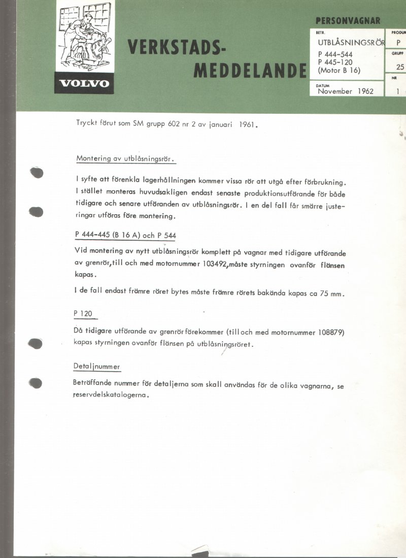 Verkstadsmeddelande/Work shop bulletins and Servicemeddelanden/Service bulletins for the following models: Volvo P1800, Volvo P1800S, Volvo P1800E, Volvo P1800ES, Volvo PV,Volvo PV 444, Volvo PV 544, Volvo Amazon, Volvo 120, Volvo 130, Volvo 220, Volvo 140 , Volvo 240, Volvo 164, Volvo 264