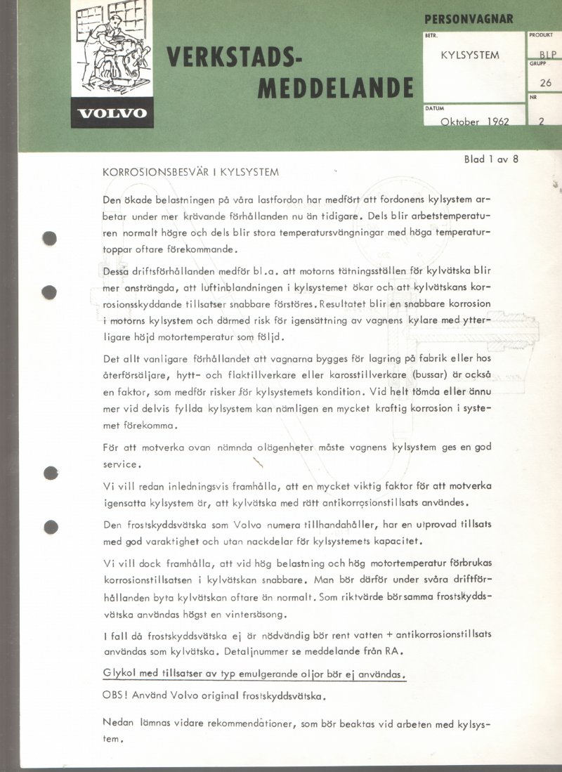 Verkstadsmeddelande/Work shop bulletins and Servicemeddelanden/Service bulletins for the following models: Volvo P1800, Volvo P1800S, Volvo P1800E, Volvo P1800ES, Volvo PV,Volvo PV 444, Volvo PV 544, Volvo Amazon, Volvo 120, Volvo 130, Volvo 220, Volvo 140 , Volvo 240, Volvo 164, Volvo 264
