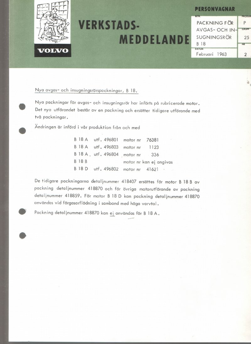 Verkstadsmeddelande/Work shop bulletins and Servicemeddelanden/Service bulletins for the following models: Volvo P1800, Volvo P1800S, Volvo P1800E, Volvo P1800ES, Volvo PV,Volvo PV 444, Volvo PV 544, Volvo Amazon, Volvo 120, Volvo 130, Volvo 220, Volvo 140 , Volvo 240, Volvo 164, Volvo 264