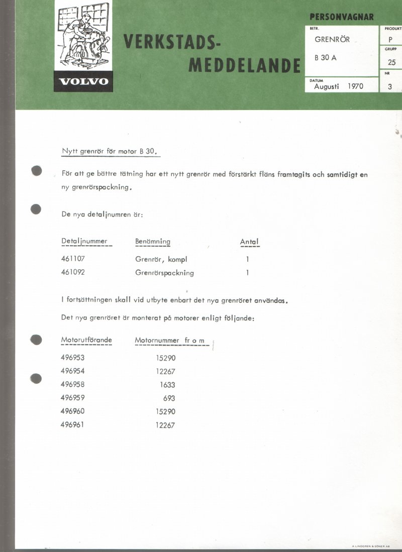 Verkstadsmeddelande/Work shop bulletins and Servicemeddelanden/Service bulletins for the following models: Volvo P1800, Volvo P1800S, Volvo P1800E, Volvo P1800ES, Volvo PV,Volvo PV 444, Volvo PV 544, Volvo Amazon, Volvo 120, Volvo 130, Volvo 220, Volvo 140 , Volvo 240, Volvo 164, Volvo 264