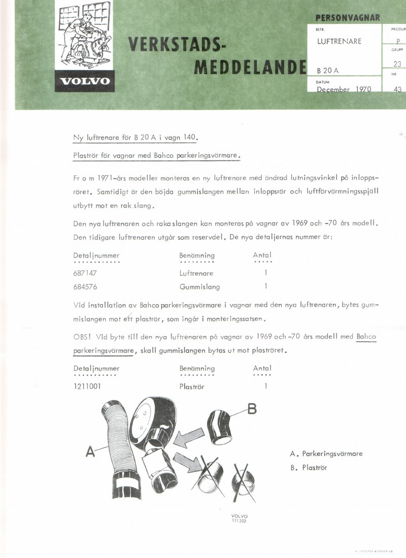 Verkstadsmeddelande/Work shop bulletins and Servicemeddelanden/Service bulletins for the following models: Volvo P1800, Volvo P1800S, Volvo P1800E, Volvo P1800ES, Volvo PV,Volvo PV 444, Volvo PV 544, Volvo Amazon, Volvo 120, Volvo 130, Volvo 220, Volvo 140 , Volvo 240, Volvo 164, Volvo 264