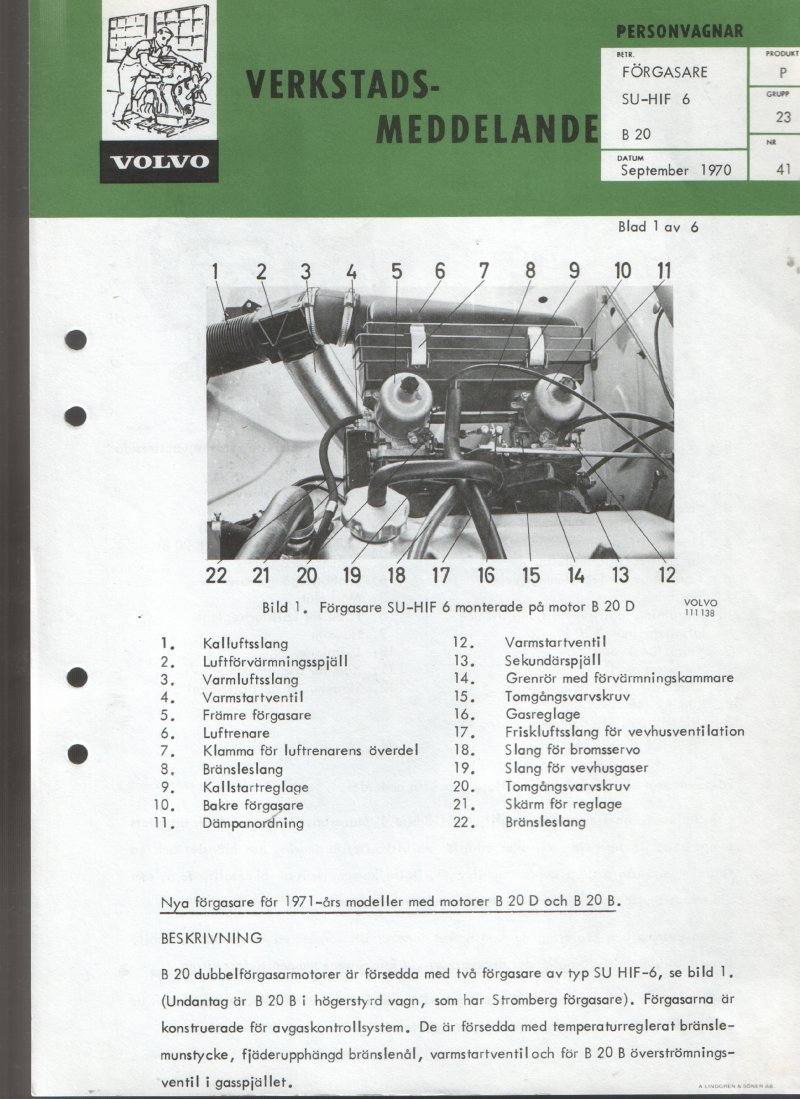Verkstadsmeddelande/Work shop bulletins and Servicemeddelanden/Service bulletins for the following models: Volvo P1800, Volvo P1800S, Volvo P1800E, Volvo P1800ES, Volvo PV,Volvo PV 444, Volvo PV 544, Volvo Amazon, Volvo 120, Volvo 130, Volvo 220, Volvo 140 , Volvo 240, Volvo 164, Volvo 264