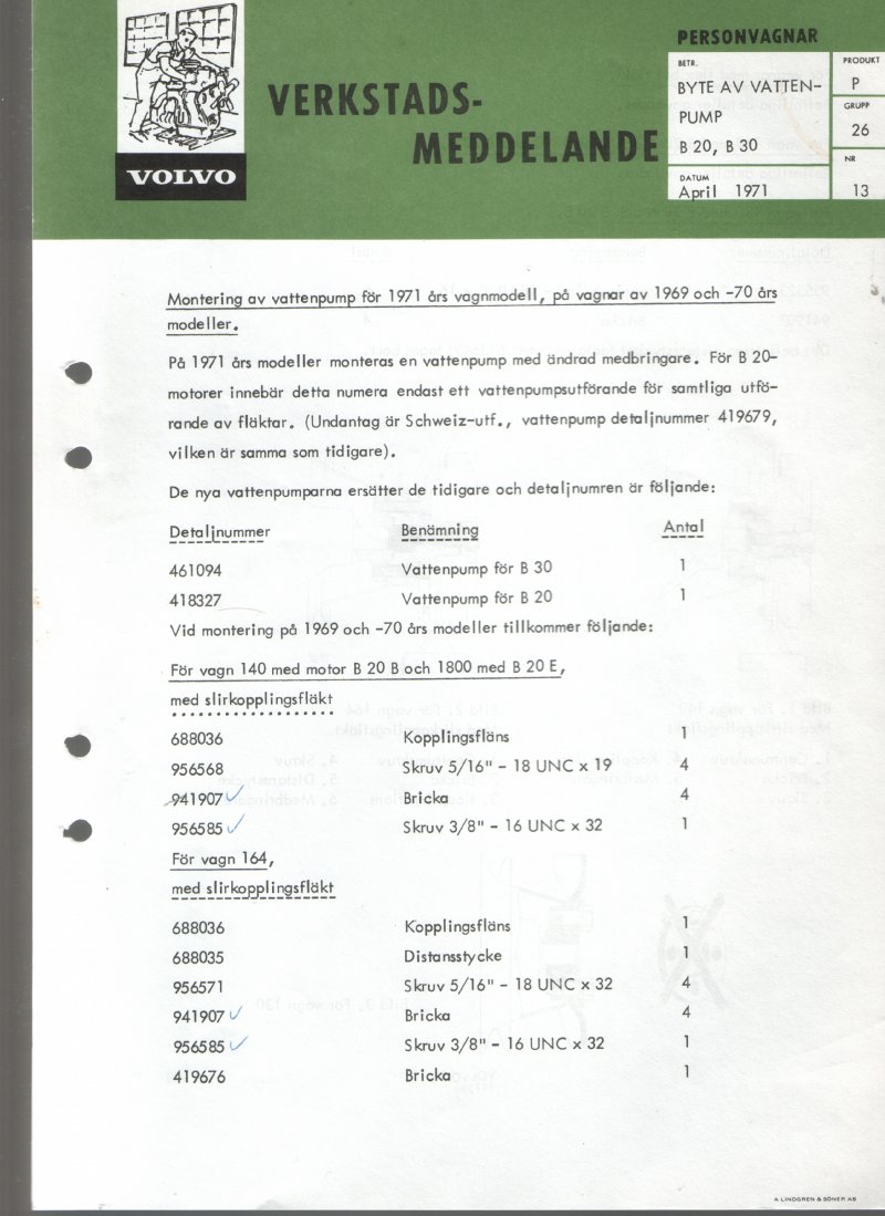 Verkstadsmeddelande/Work shop bulletins and Servicemeddelanden/Service bulletins for the following models: Volvo P1800, Volvo P1800S, Volvo P1800E, Volvo P1800ES, Volvo PV,Volvo PV 444, Volvo PV 544, Volvo Amazon, Volvo 120, Volvo 130, Volvo 220, Volvo 140 , Volvo 240, Volvo 164, Volvo 264