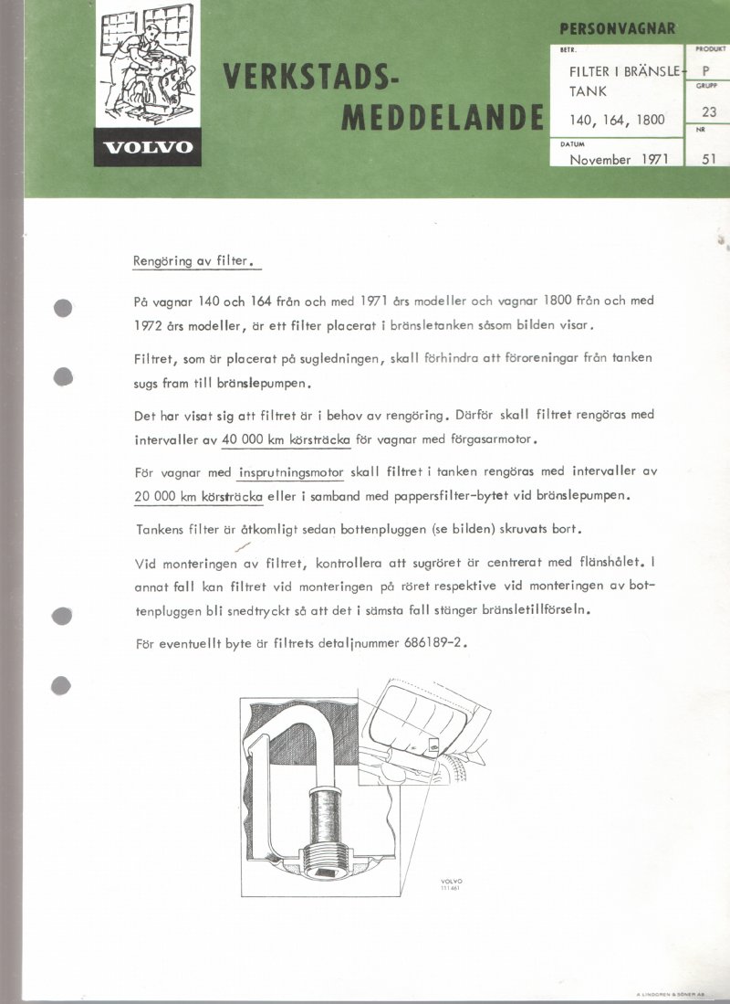 Verkstadsmeddelande/Work shop bulletins and Servicemeddelanden/Service bulletins for the following models: Volvo P1800, Volvo P1800S, Volvo P1800E, Volvo P1800ES, Volvo PV,Volvo PV 444, Volvo PV 544, Volvo Amazon, Volvo 120, Volvo 130, Volvo 220, Volvo 140 , Volvo 240, Volvo 164, Volvo 264