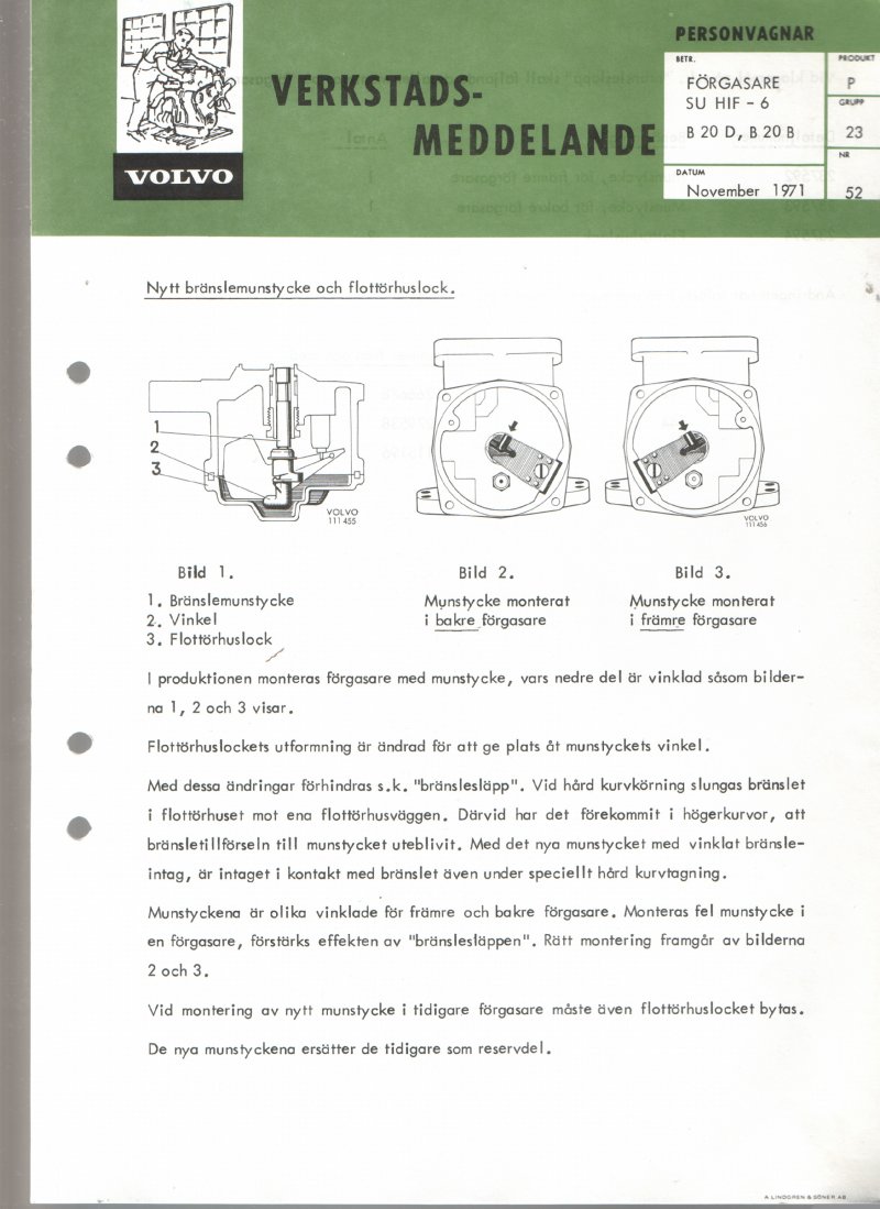 Verkstadsmeddelande/Work shop bulletins and Servicemeddelanden/Service bulletins for the following models: Volvo P1800, Volvo P1800S, Volvo P1800E, Volvo P1800ES, Volvo PV,Volvo PV 444, Volvo PV 544, Volvo Amazon, Volvo 120, Volvo 130, Volvo 220, Volvo 140 , Volvo 240, Volvo 164, Volvo 264