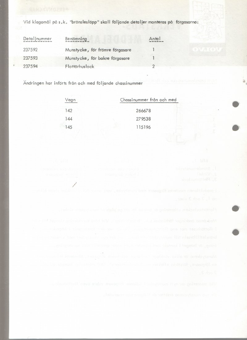 Verkstadsmeddelande/Work shop bulletins and Servicemeddelanden/Service bulletins for the following models: Volvo P1800, Volvo P1800S, Volvo P1800E, Volvo P1800ES, Volvo PV,Volvo PV 444, Volvo PV 544, Volvo Amazon, Volvo 120, Volvo 130, Volvo 220, Volvo 140 , Volvo 240, Volvo 164, Volvo 264