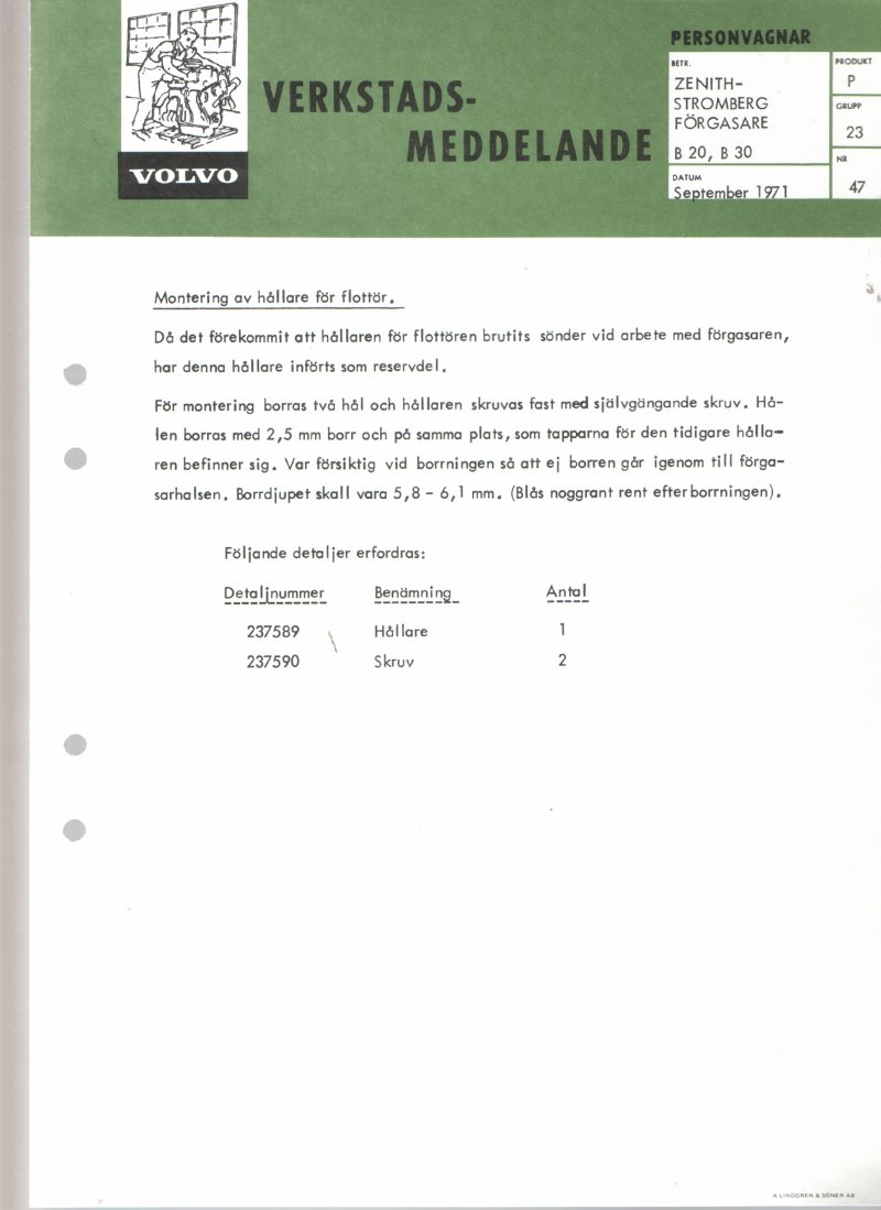 Verkstadsmeddelande/Work shop bulletins and Servicemeddelanden/Service bulletins for the following models: Volvo P1800, Volvo P1800S, Volvo P1800E, Volvo P1800ES, Volvo PV,Volvo PV 444, Volvo PV 544, Volvo Amazon, Volvo 120, Volvo 130, Volvo 220, Volvo 140 , Volvo 240, Volvo 164, Volvo 264