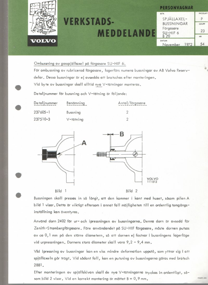 Verkstadsmeddelande/Work shop bulletins and Servicemeddelanden/Service bulletins for the following models: Volvo P1800, Volvo P1800S, Volvo P1800E, Volvo P1800ES, Volvo PV,Volvo PV 444, Volvo PV 544, Volvo Amazon, Volvo 120, Volvo 130, Volvo 220, Volvo 140 , Volvo 240, Volvo 164, Volvo 264