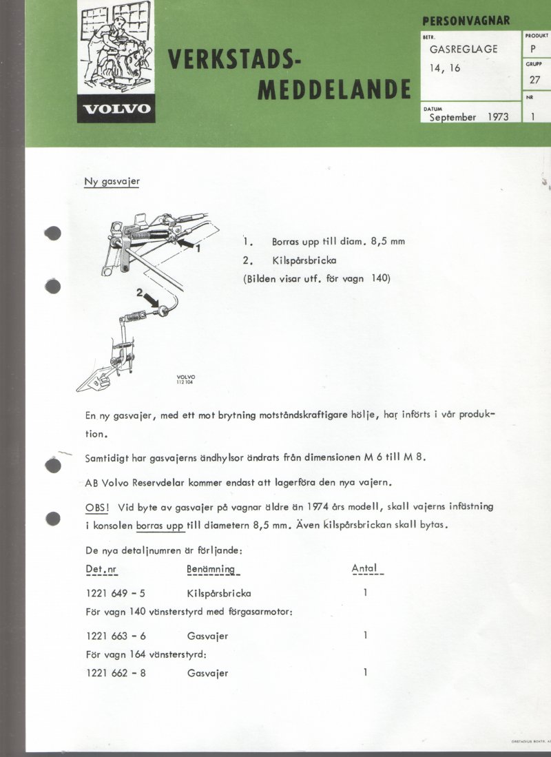 Verkstadsmeddelande/Work shop bulletins and Servicemeddelanden/Service bulletins for the following models: Volvo P1800, Volvo P1800S, Volvo P1800E, Volvo P1800ES, Volvo PV,Volvo PV 444, Volvo PV 544, Volvo Amazon, Volvo 120, Volvo 130, Volvo 220, Volvo 140 , Volvo 240, Volvo 164, Volvo 264