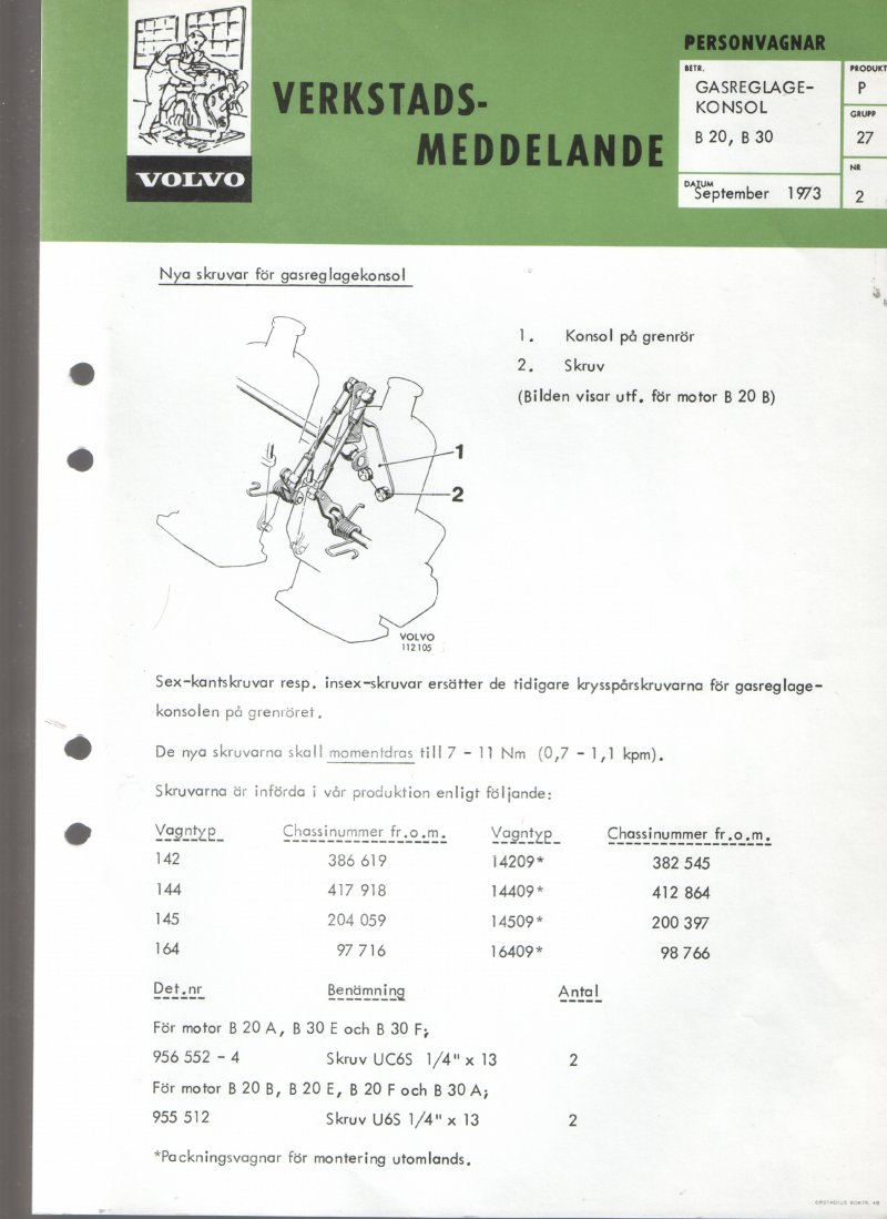 Verkstadsmeddelande/Work shop bulletins and Servicemeddelanden/Service bulletins for the following models: Volvo P1800, Volvo P1800S, Volvo P1800E, Volvo P1800ES, Volvo PV,Volvo PV 444, Volvo PV 544, Volvo Amazon, Volvo 120, Volvo 130, Volvo 220, Volvo 140 , Volvo 240, Volvo 164, Volvo 264
