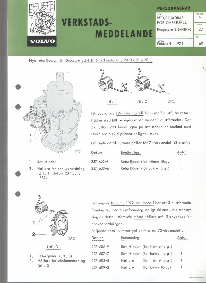 Verkstadsmeddelande/Work shop bulletins and Servicemeddelanden/Service bulletins for the following models: Volvo P1800, Volvo P1800S, Volvo P1800E, Volvo P1800ES, Volvo PV,Volvo PV 444, Volvo PV 544, Volvo Amazon, Volvo 120, Volvo 130, Volvo 220, Volvo 140 , Volvo 240, Volvo 164, Volvo 264