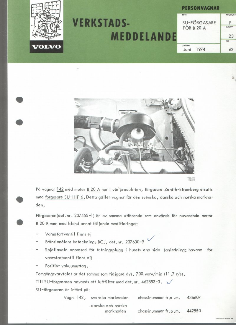 Verkstadsmeddelande/Work shop bulletins and Servicemeddelanden/Service bulletins for the following models: Volvo P1800, Volvo P1800S, Volvo P1800E, Volvo P1800ES, Volvo PV,Volvo PV 444, Volvo PV 544, Volvo Amazon, Volvo 120, Volvo 130, Volvo 220, Volvo 140 , Volvo 240, Volvo 164, Volvo 264
