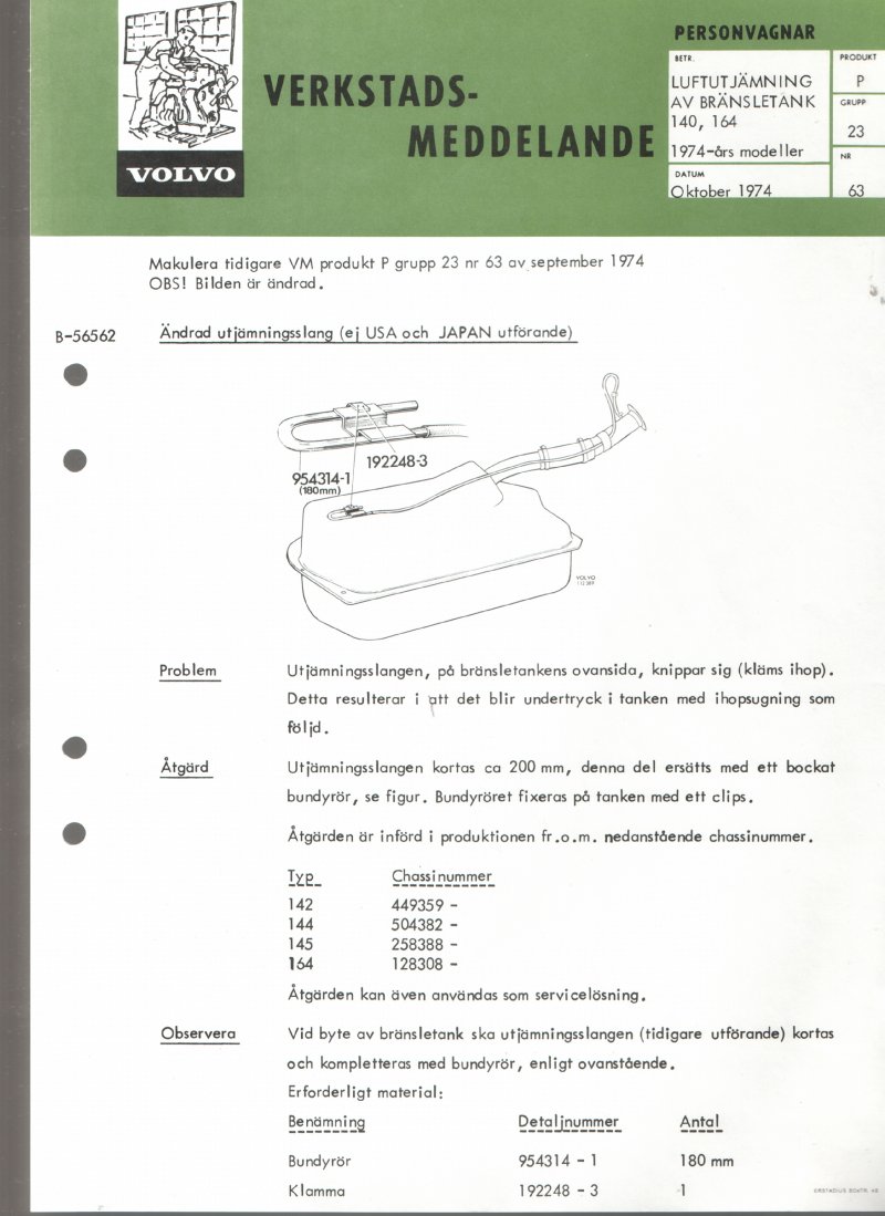 Verkstadsmeddelande/Work shop bulletins and Servicemeddelanden/Service bulletins for the following models: Volvo P1800, Volvo P1800S, Volvo P1800E, Volvo P1800ES, Volvo PV,Volvo PV 444, Volvo PV 544, Volvo Amazon, Volvo 120, Volvo 130, Volvo 220, Volvo 140 , Volvo 240, Volvo 164, Volvo 264