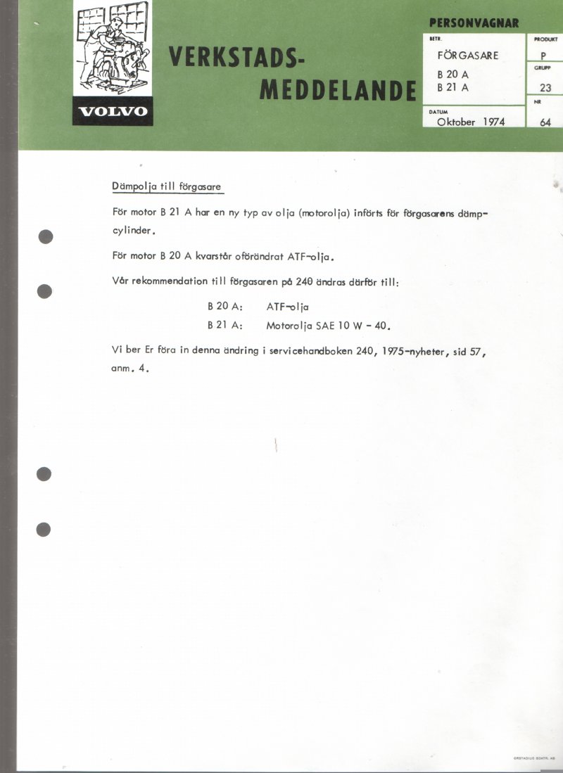 Verkstadsmeddelande/Work shop bulletins and Servicemeddelanden/Service bulletins for the following models: Volvo P1800, Volvo P1800S, Volvo P1800E, Volvo P1800ES, Volvo PV,Volvo PV 444, Volvo PV 544, Volvo Amazon, Volvo 120, Volvo 130, Volvo 220, Volvo 140 , Volvo 240, Volvo 164, Volvo 264