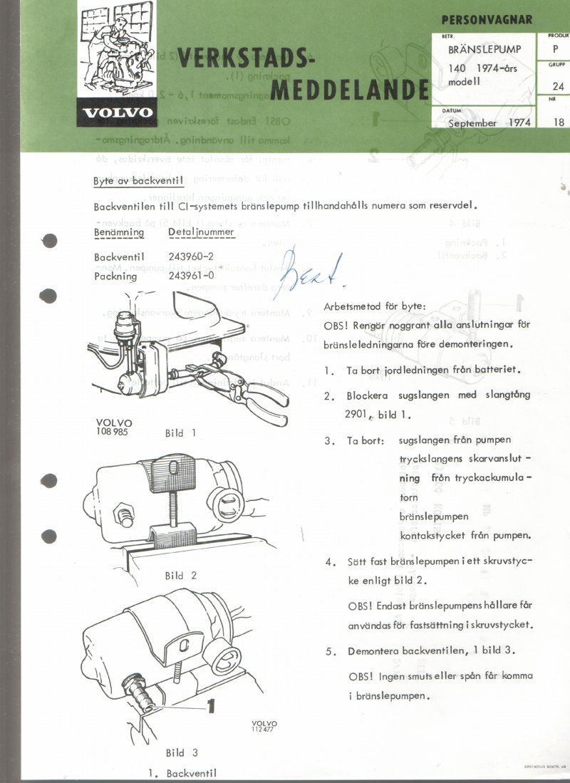 Verkstadsmeddelande/Work shop bulletins and Servicemeddelanden/Service bulletins for the following models: Volvo P1800, Volvo P1800S, Volvo P1800E, Volvo P1800ES, Volvo PV,Volvo PV 444, Volvo PV 544, Volvo Amazon, Volvo 120, Volvo 130, Volvo 220, Volvo 140 , Volvo 240, Volvo 164, Volvo 264