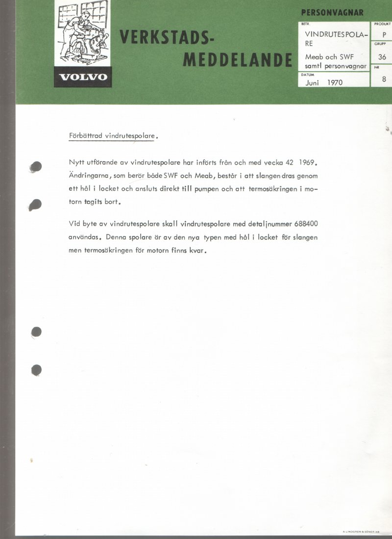 Verkstadsmeddelande/Work shop bulletins and Servicemeddelanden/Service bulletins for the following models: Volvo P1800, Volvo P1800S, Volvo P1800E, Volvo P1800ES, Volvo PV,Volvo PV 444, Volvo PV 544, Volvo Amazon, Volvo 120, Volvo 130, Volvo 220, Volvo 140 , Volvo 240, Volvo 164, Volvo 264 