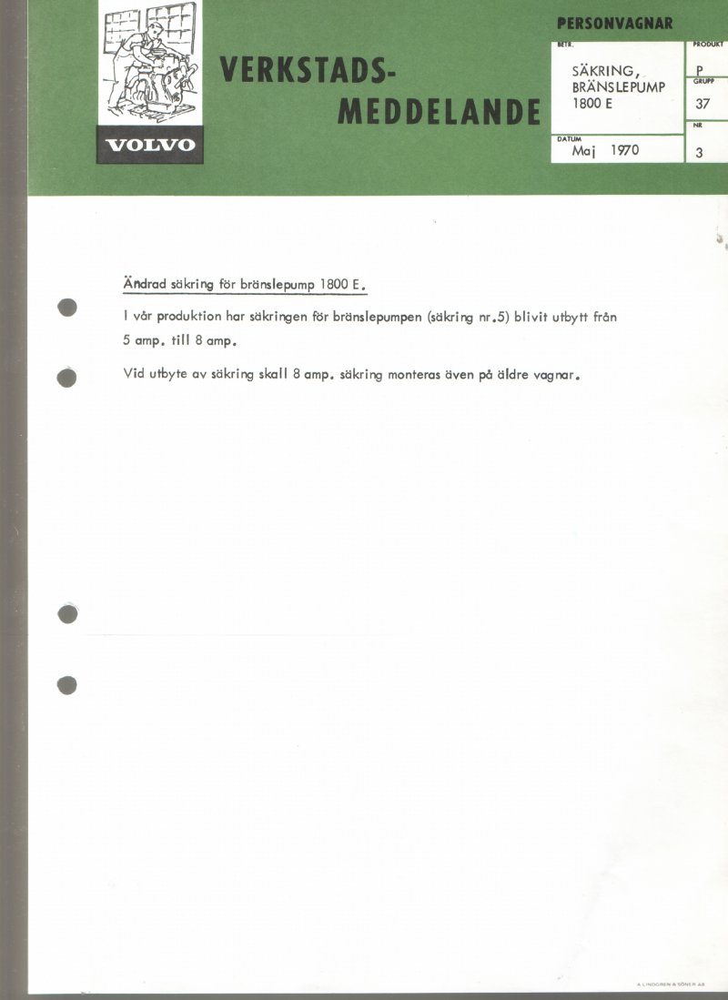 Verkstadsmeddelande/Work shop bulletins and Servicemeddelanden/Service bulletins for the following models: Volvo P1800, Volvo P1800S, Volvo P1800E, Volvo P1800ES, Volvo PV,Volvo PV 444, Volvo PV 544, Volvo Amazon, Volvo 120, Volvo 130, Volvo 220, Volvo 140 , Volvo 240, Volvo 164, Volvo 264 