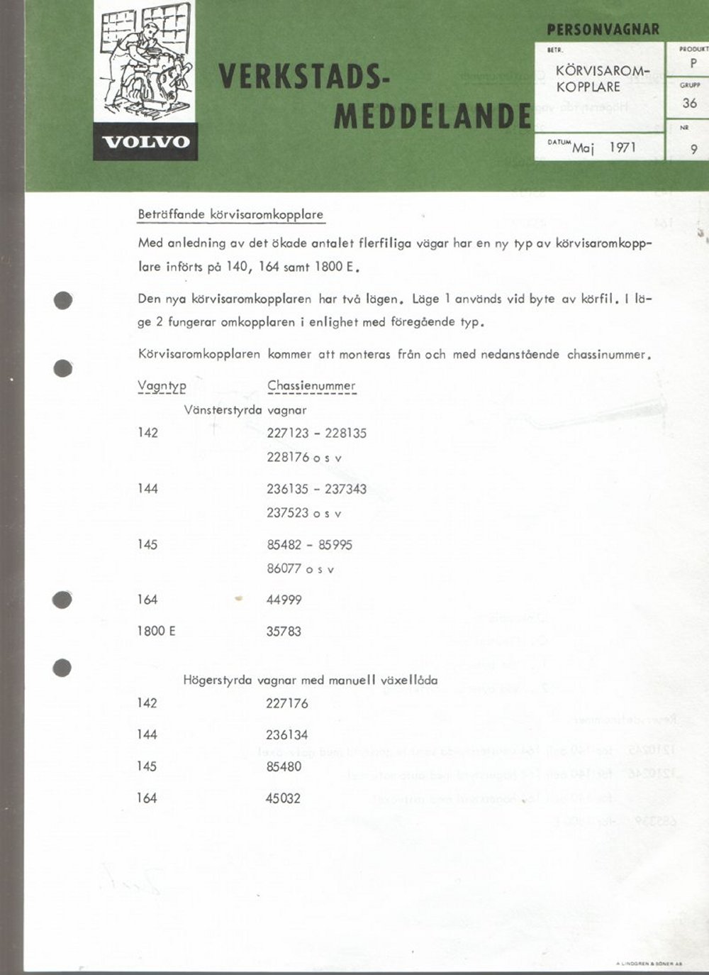 Verkstadsmeddelande/Work shop bulletins and Servicemeddelanden/Service bulletins for the following models: Volvo P1800, Volvo P1800S, Volvo P1800E, Volvo P1800ES, Volvo PV,Volvo PV 444, Volvo PV 544, Volvo Amazon, Volvo 120, Volvo 130, Volvo 220, Volvo 140 , Volvo 240, Volvo 164, Volvo 264 