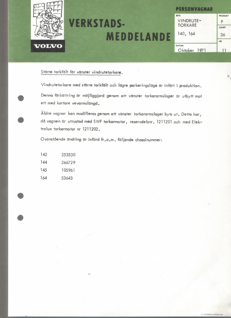 Verkstadsmeddelande/Work shop bulletins and Servicemeddelanden/Service bulletins for the following models: Volvo P1800, Volvo P1800S, Volvo P1800E, Volvo P1800ES, Volvo PV,Volvo PV 444, Volvo PV 544, Volvo Amazon, Volvo 120, Volvo 130, Volvo 220, Volvo 140 , Volvo 240, Volvo 164, Volvo 264 