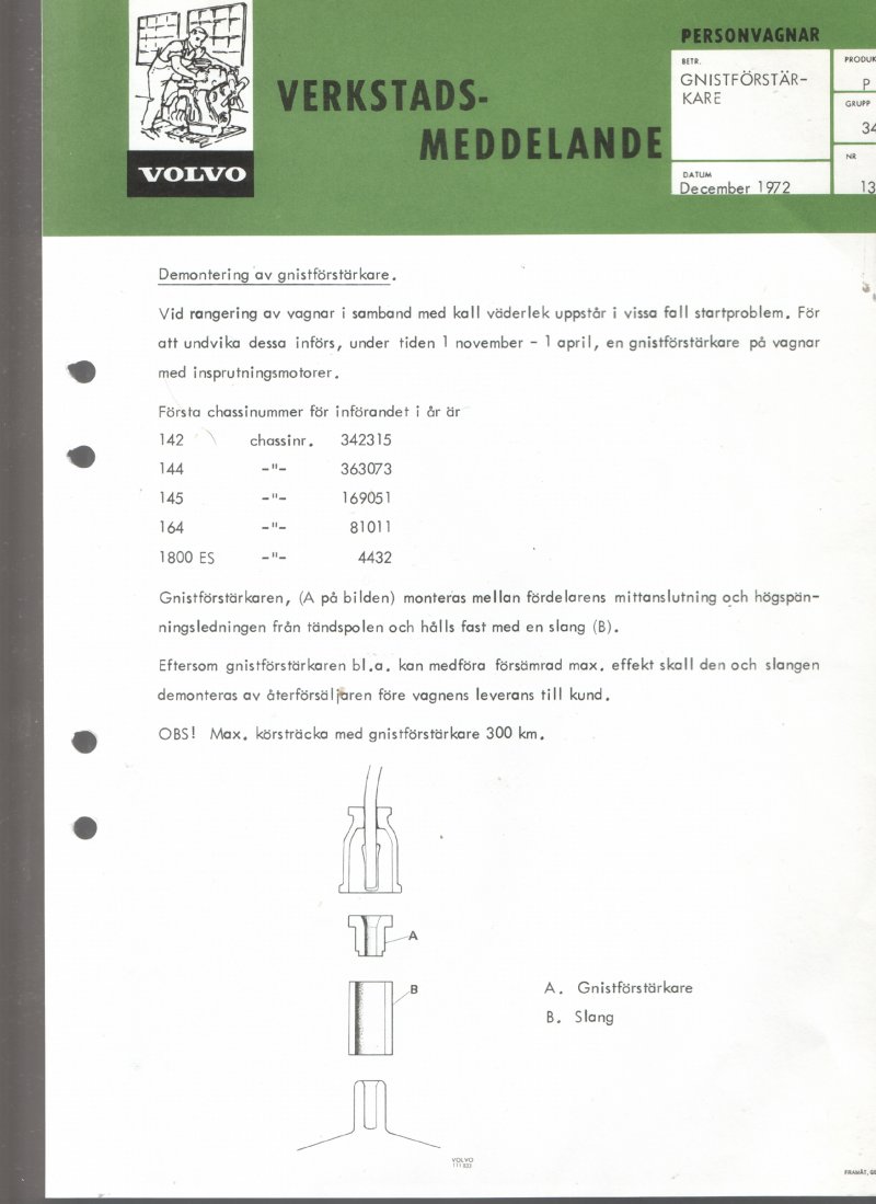Verkstadsmeddelande/Work shop bulletins and Servicemeddelanden/Service bulletins for the following models: Volvo P1800, Volvo P1800S, Volvo P1800E, Volvo P1800ES, Volvo PV,Volvo PV 444, Volvo PV 544, Volvo Amazon, Volvo 120, Volvo 130, Volvo 220, Volvo 140 , Volvo 240, Volvo 164, Volvo 264 