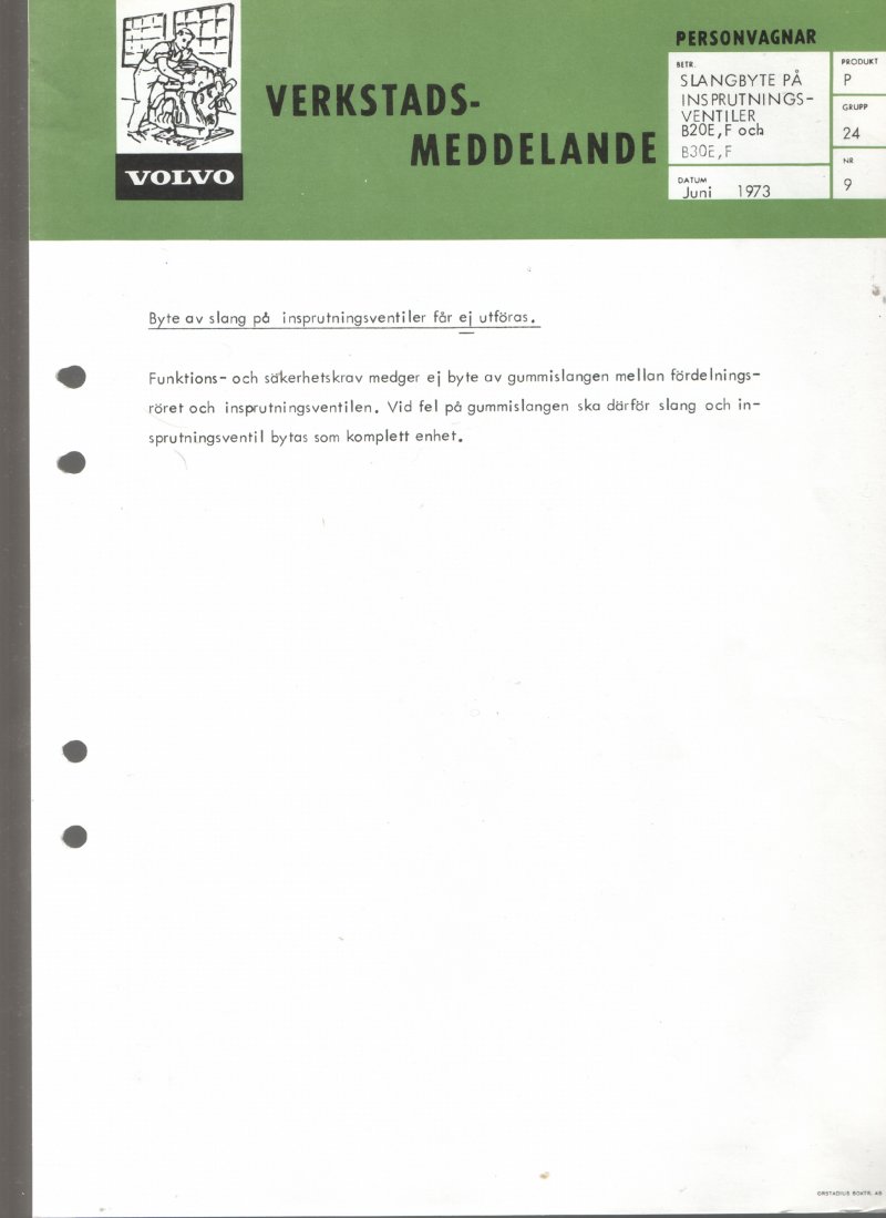 Verkstadsmeddelande/Work shop bulletins and Servicemeddelanden/Service bulletins for the following models: Volvo P1800, Volvo P1800S, Volvo P1800E, Volvo P1800ES, Volvo PV,Volvo PV 444, Volvo PV 544, Volvo Amazon, Volvo 120, Volvo 130, Volvo 220, Volvo 140 , Volvo 240, Volvo 164, Volvo 264 